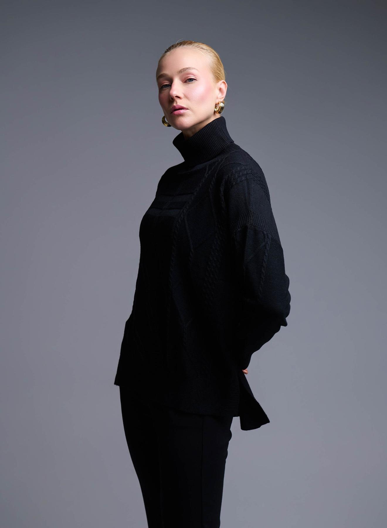 Black turtleneck Sweater with textured details See - 2