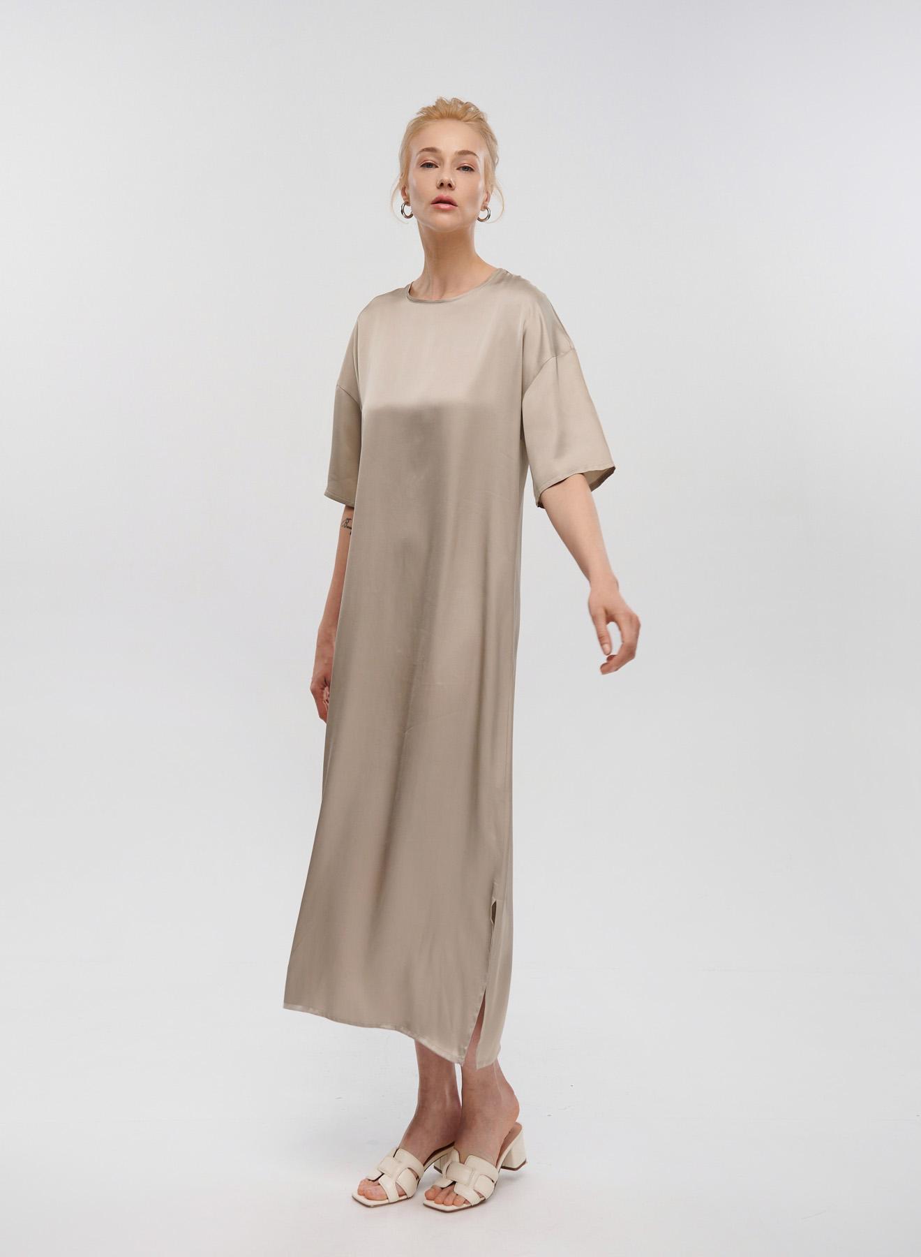 Taupe silky touch long Dress with short sleeves Clothe - 1