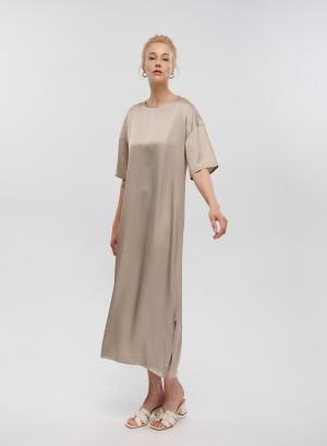 Taupe silky touch μακρύ Φόρεμα με κοντά μανίκια Clothe - 33134