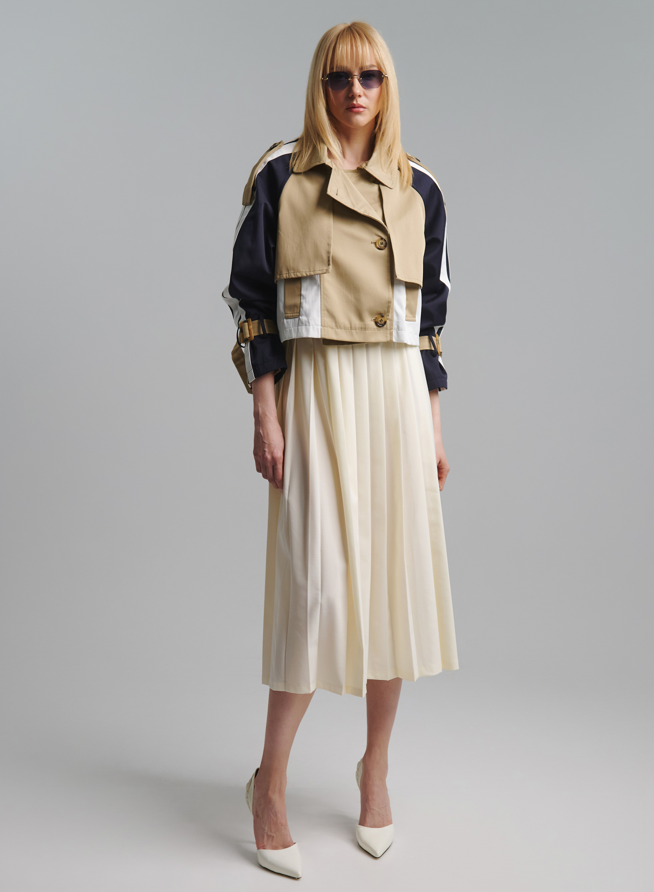 Camel-Ecru-Black double-breasted short Trench Coat-Jacket Tensione In - 1