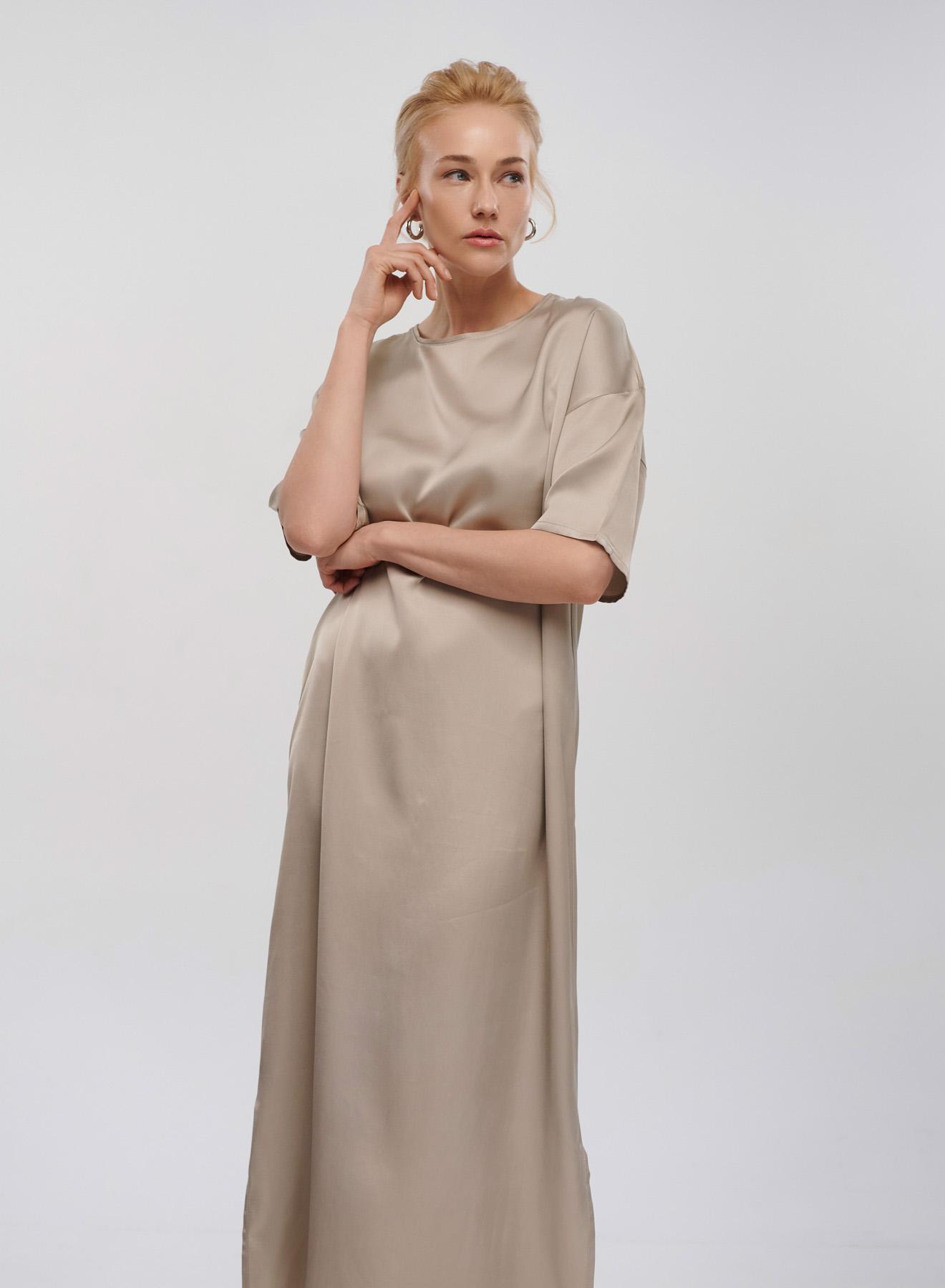 Taupe silky touch long Dress with short sleeves Clothe - 2