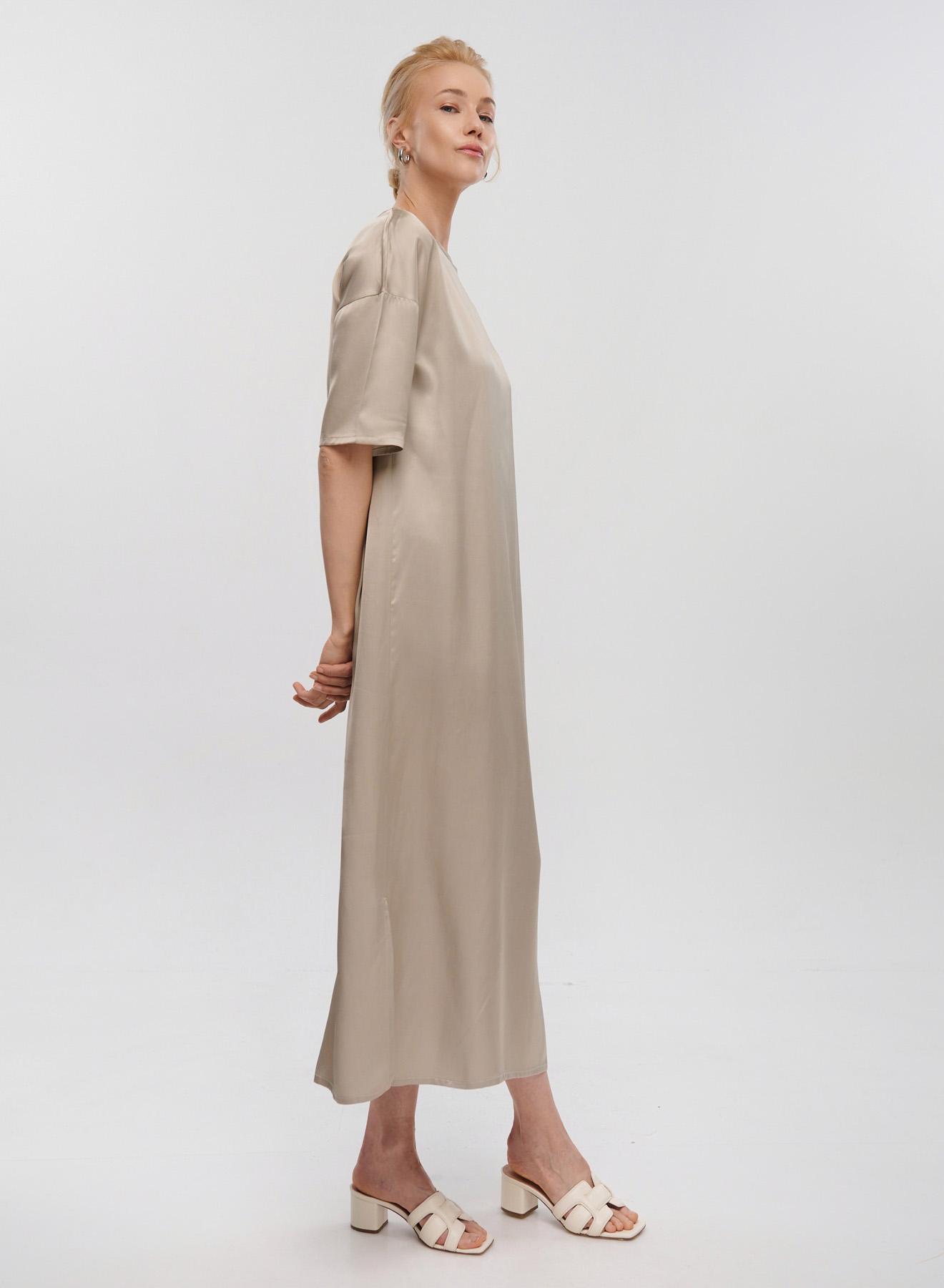 Taupe silky touch long Dress with short sleeves Clothe - 3