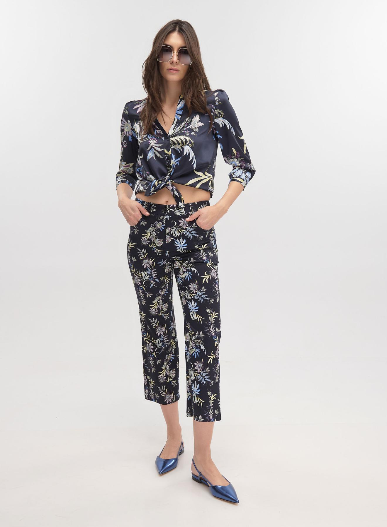 Navy Blue floral cropped Παντελόνι σε ίσια γραμμή Emme Marella - 4