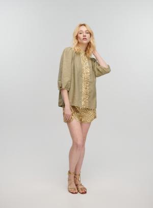 Tea-Gold new All Over Linen shirt with three quarters sleeves and with V neckline Greek Archaic Kori - 30676