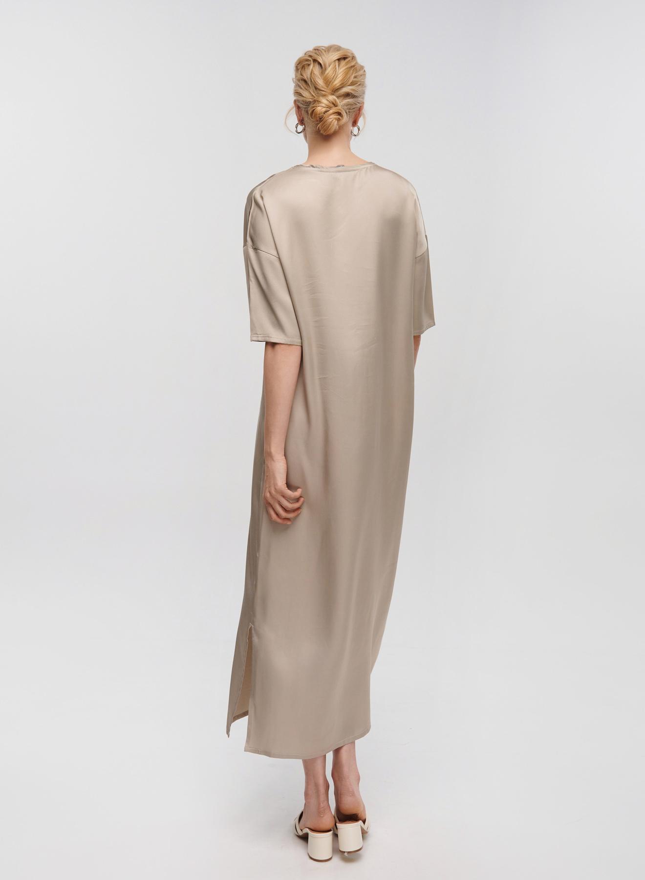 Taupe silky touch long Dress with short sleeves Clothe - 4