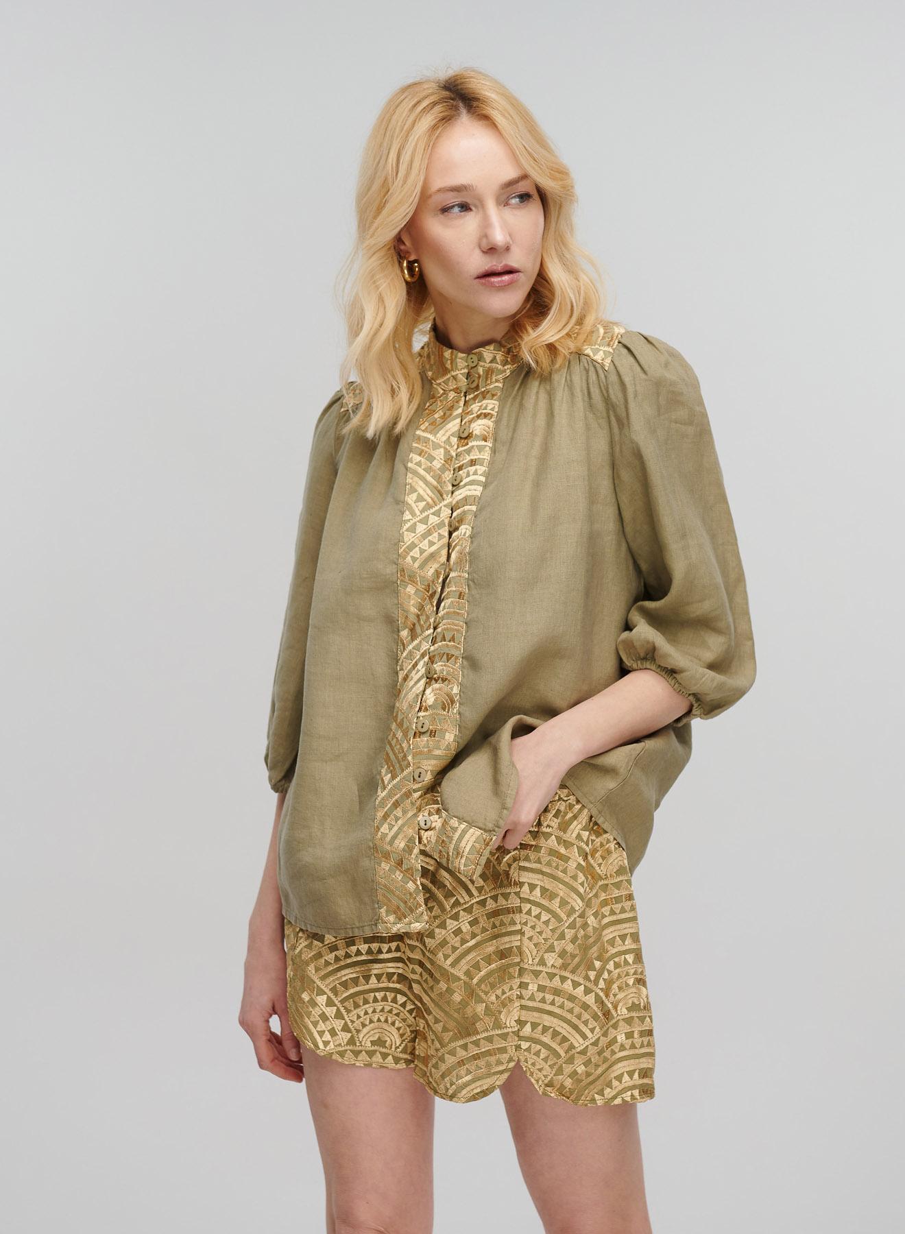 Tea-Gold new All Over Linen shirt with three quarters sleeves and with V neckline Greek Archaic Kori - 2