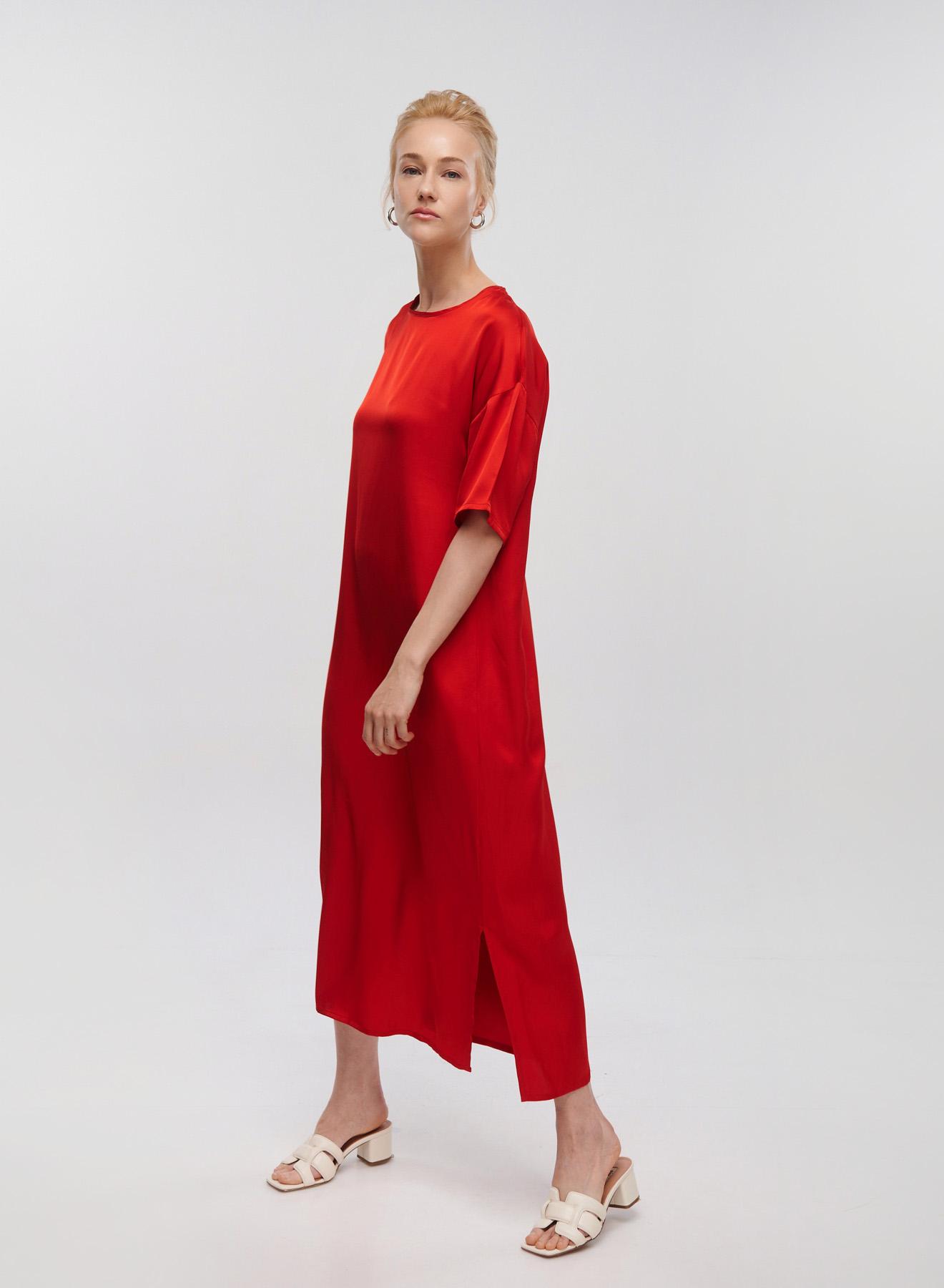 Red silky touch long Dress with short sleeves Clothe - 2