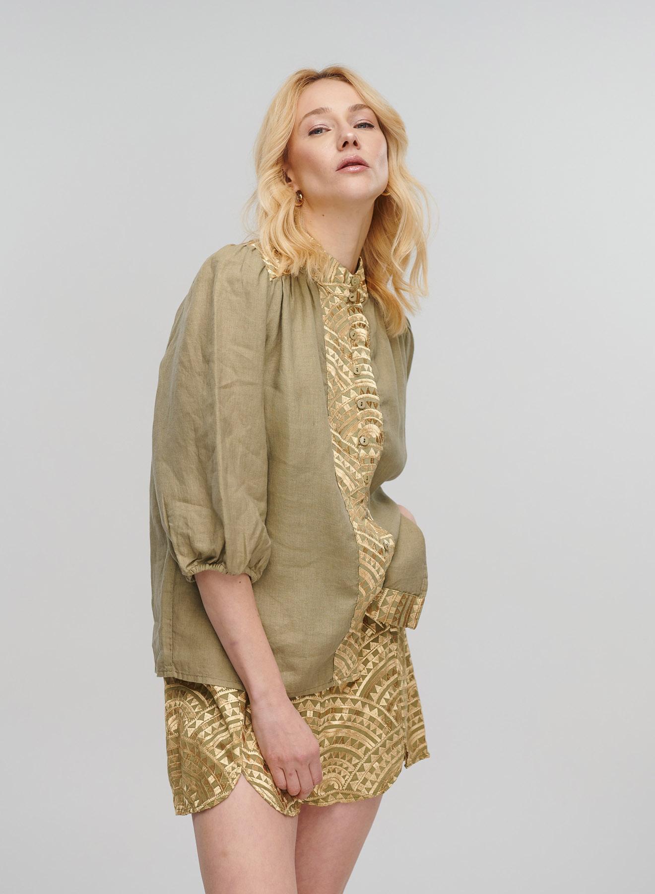 Tea-Gold new All Over Linen shirt with three quarters sleeves and with V neckline Greek Archaic Kori - 3