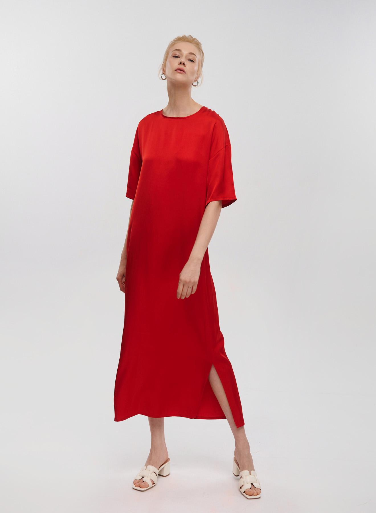 Red silky touch long Dress with short sleeves Clothe - 1