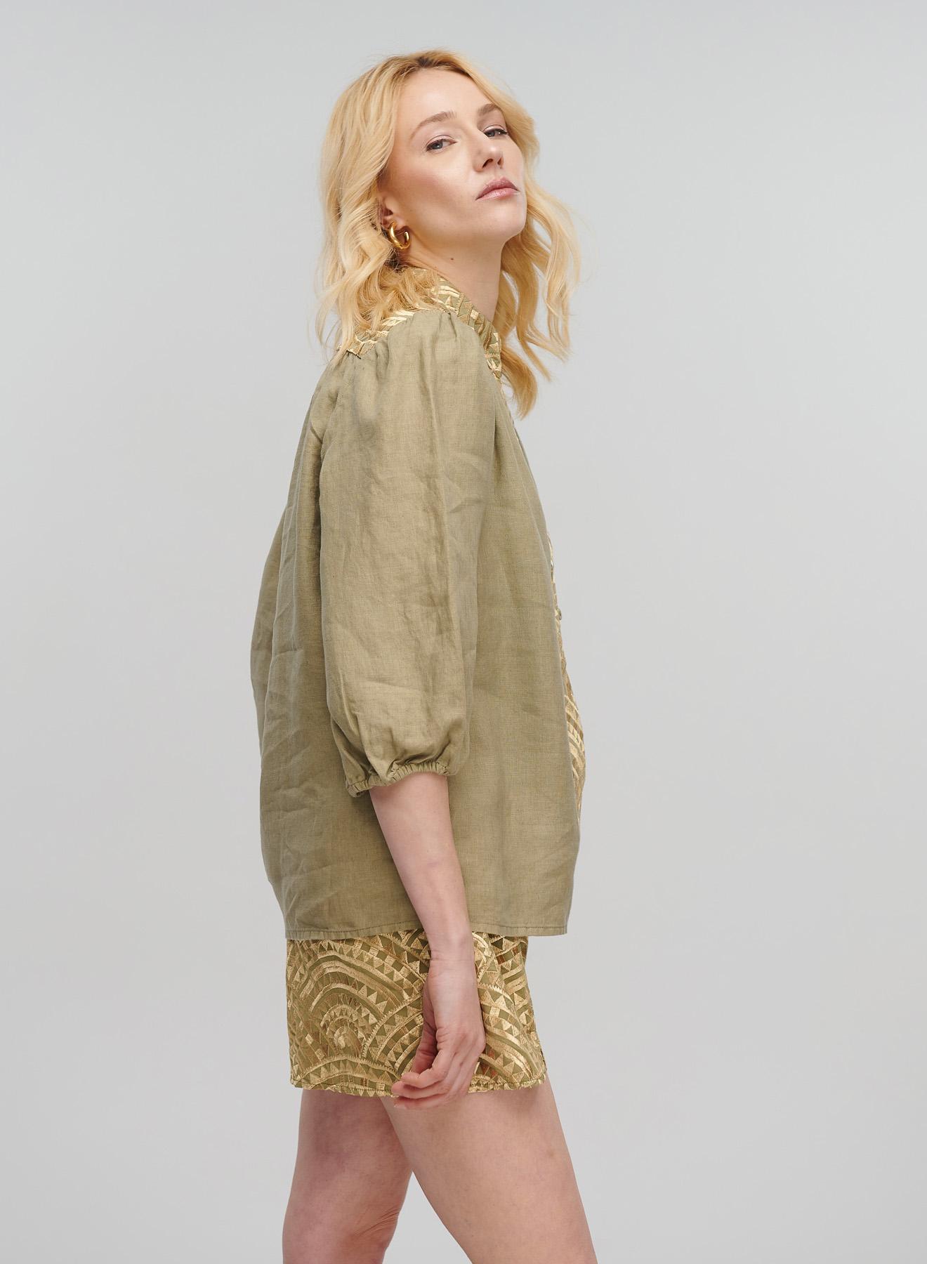 Tea-Gold new All Over Linen shirt with three quarters sleeves and with V neckline Greek Archaic Kori - 4