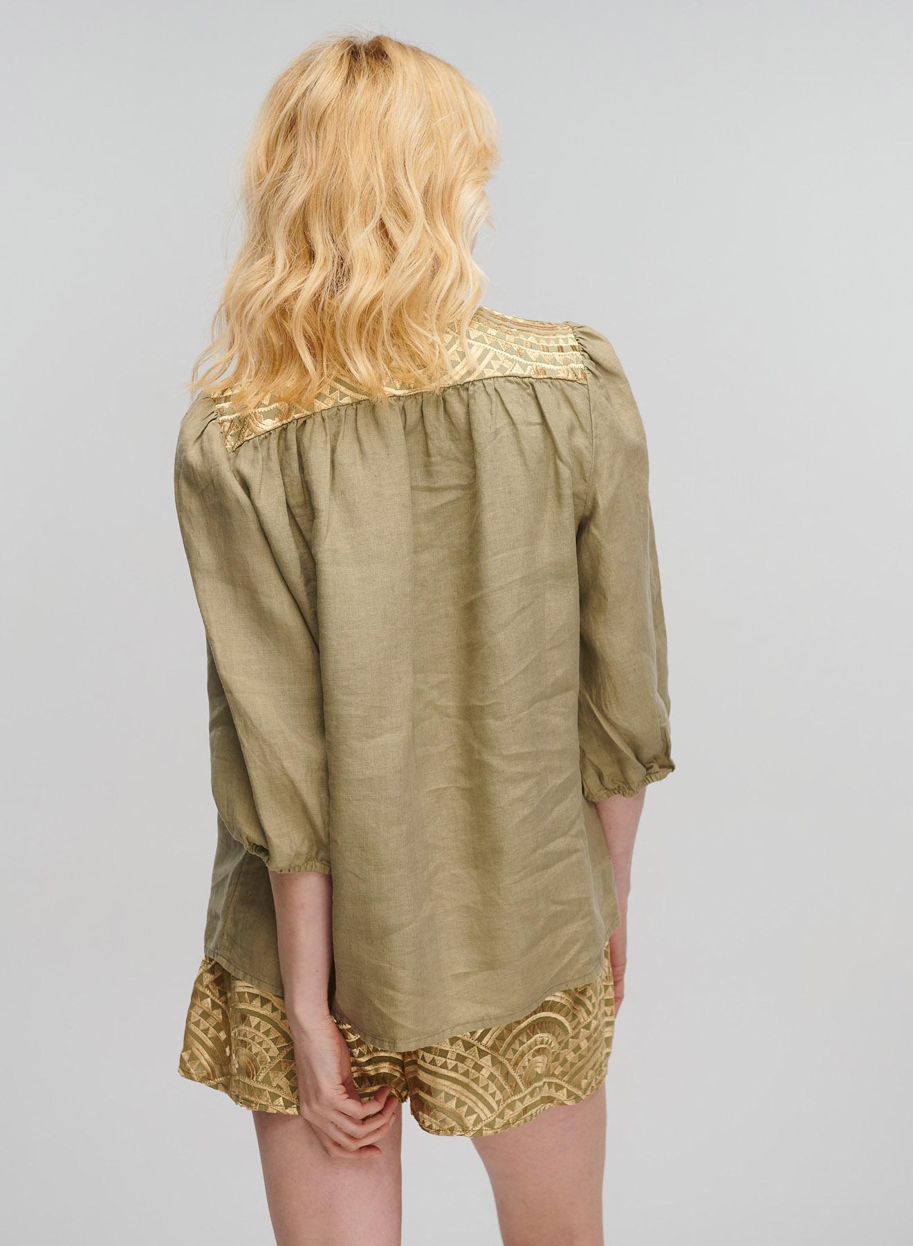 Tea-Gold new All Over Linen shirt with three quarters sleeves and with V neckline Greek Archaic Kori - 5