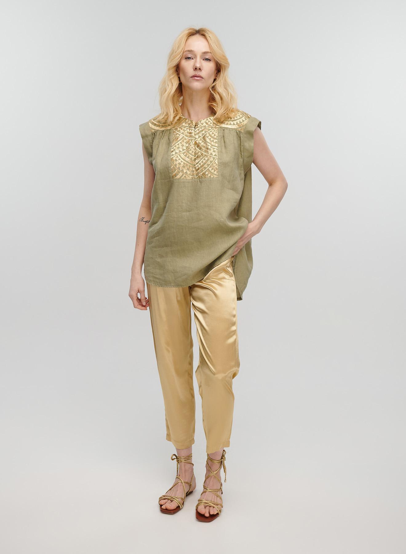 Tea-Gold new All Over sleeveless Linen Blouse with round neckline with button Greek Archaic Kori - 5