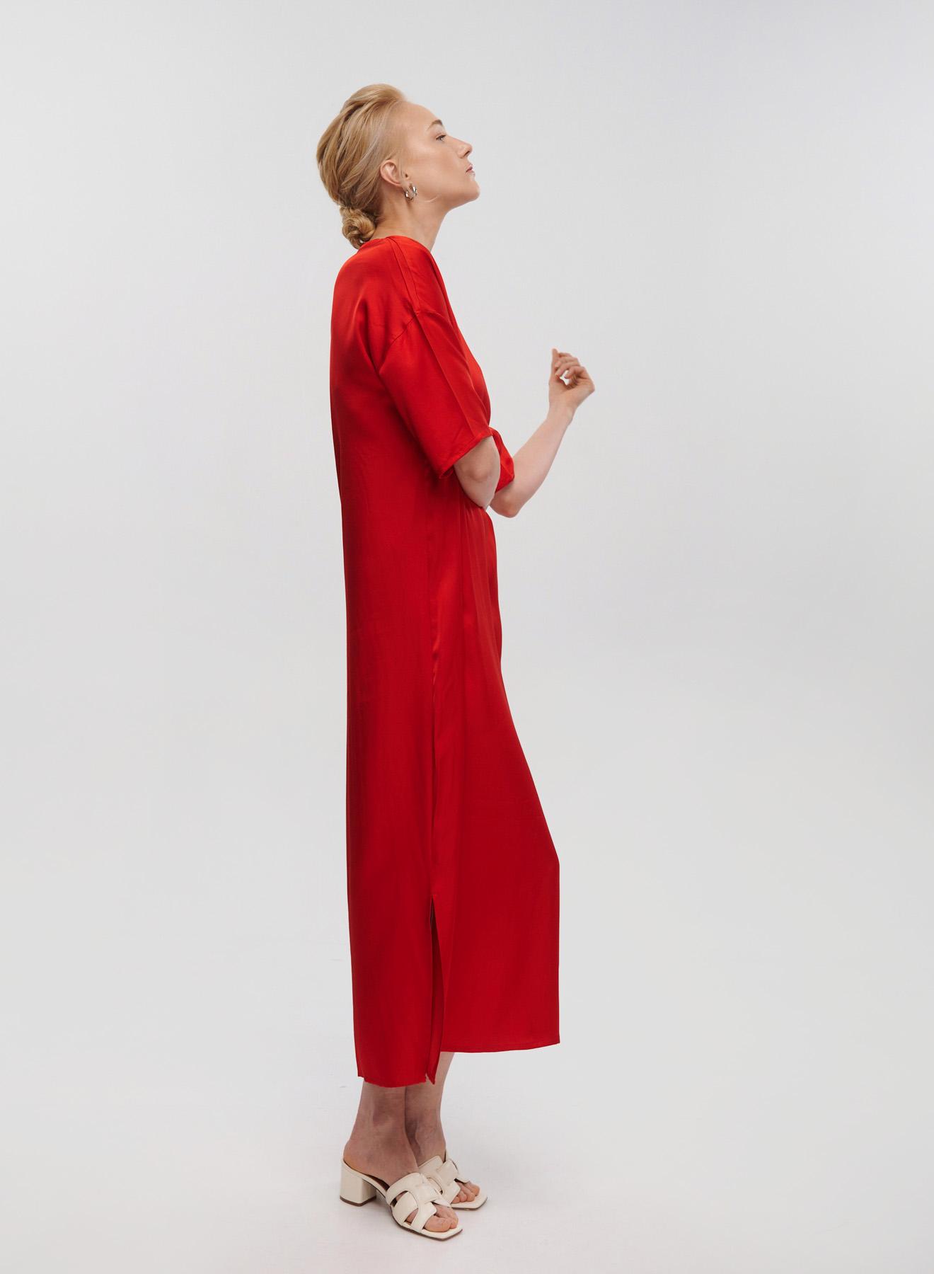 Red silky touch long Dress with short sleeves Clothe - 4