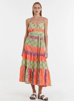 Multi Lime μακρύ Φόρεμα Jacquard με ζώνη "XOAKINA" Devotion Twins - 32514