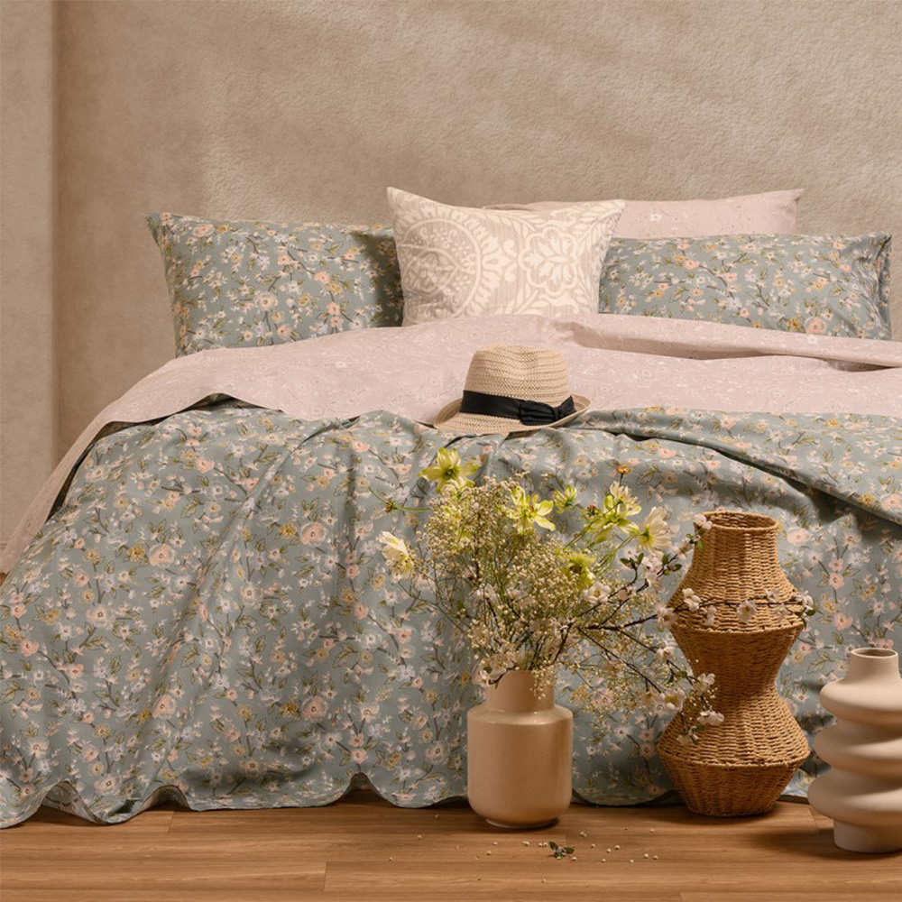 Σεντόνια King Size Σετ Με Λάστιχο 180x200+32cm Melinen Amy Aqua Βαμβακερά