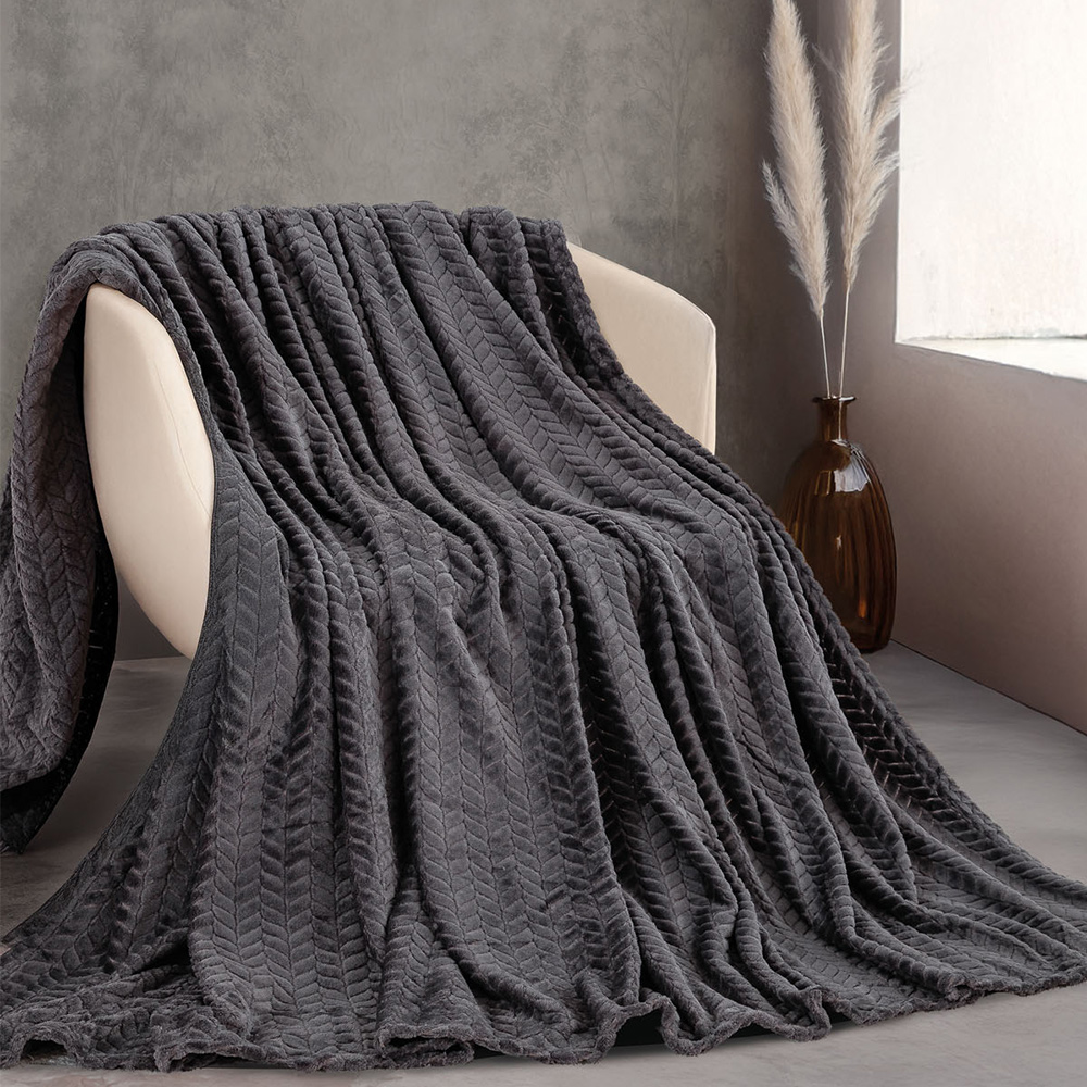Κουβέρτα Υπέρδιπλη Jacquard Flannel 220x240cm Rythmos Harmonie Ανθρακί Πολυεστέρας