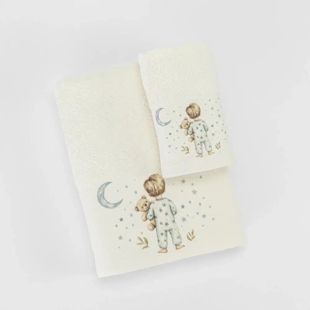 Πετσέτες Παιδικές Σετ 2 Τεμάχια Borea Goodnight Εκρού-Πετρόλ Βαμβακερές