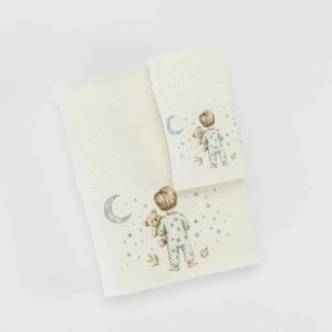 Πετσέτες Παιδικές Σετ 2 Τεμάχια Borea Goodnight Εκρού-Πετρόλ Βαμβακερές