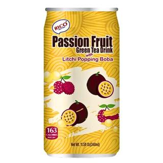 Green Tea Drink Passion Fruit Flavour & Popping Boba Lychee 340ml RICO