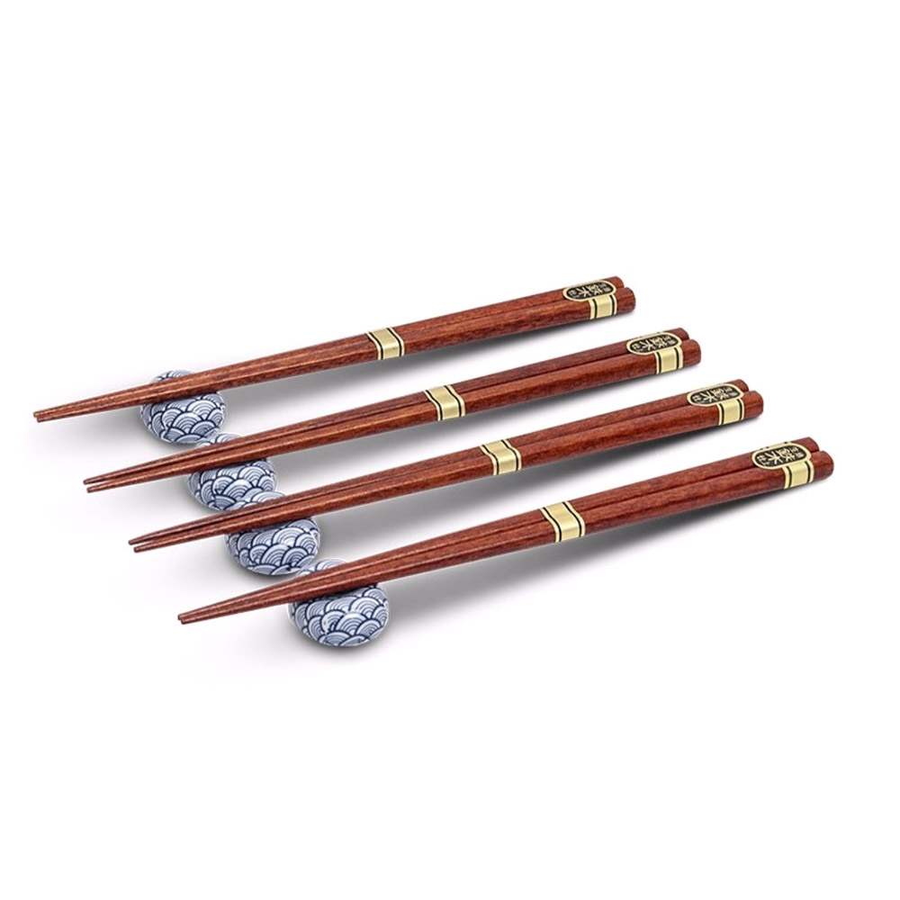 Brown Chopsticks Set of 4 with 4 Holders Wave Seigaiha Design