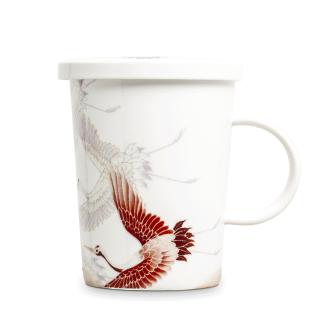 Tea Mug with Filter and Lid White Cranes Design