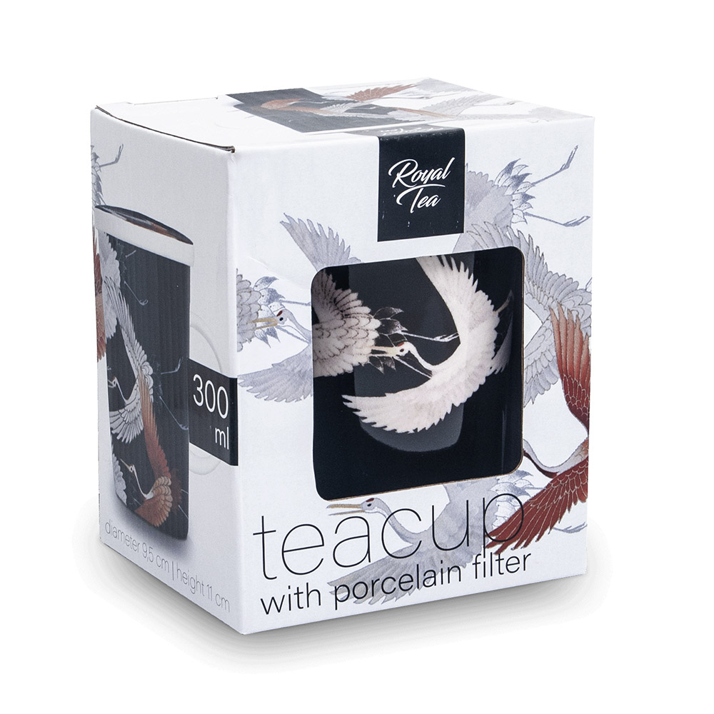 Tea Mug with Filter and Lid Black Cranes Design