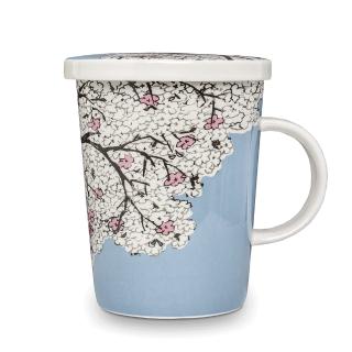 Tea Mug with Filter and Lid Cyan Almond Blossom Design
