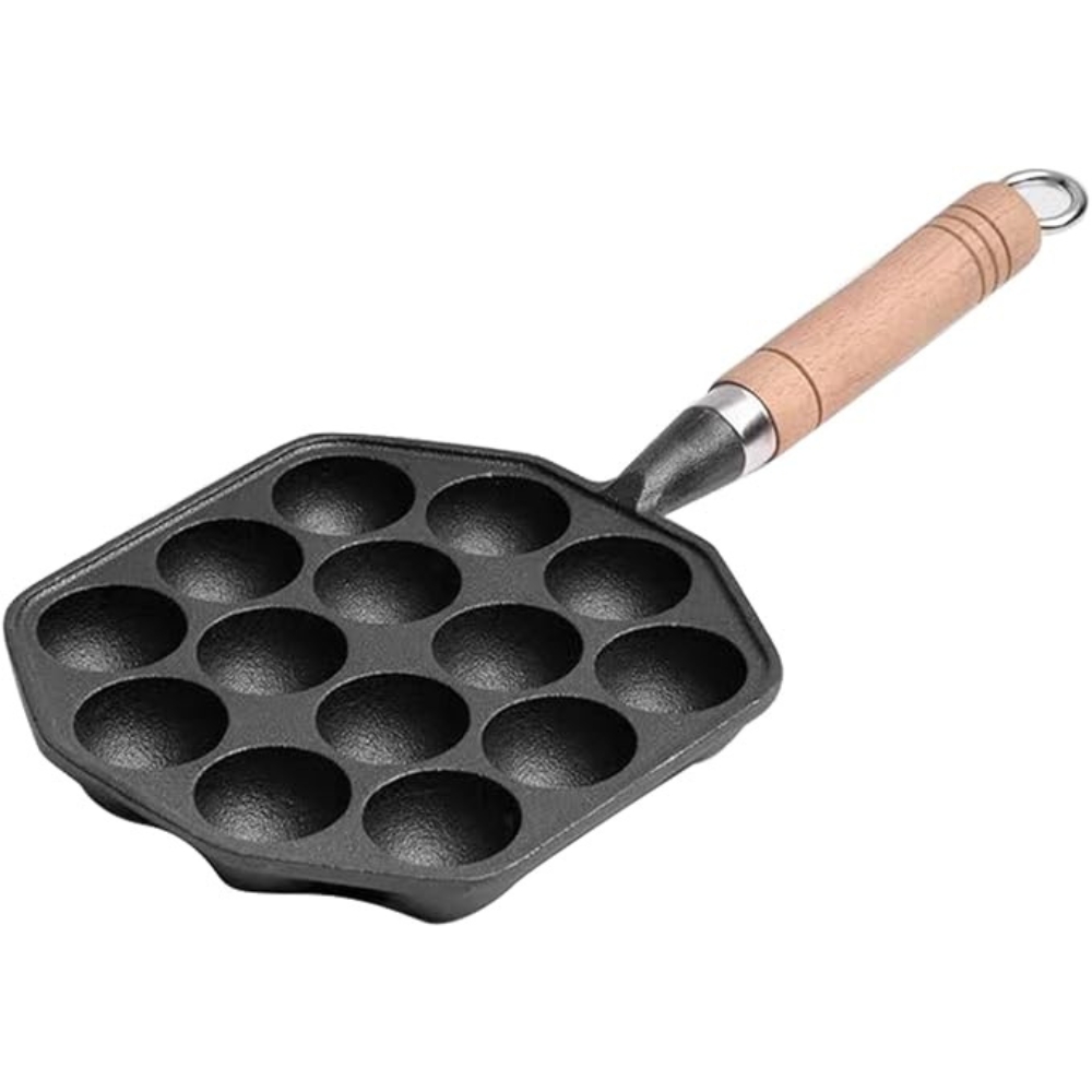 Takoyaki Pan wtih Wooden Handle for 14 Takoyaki