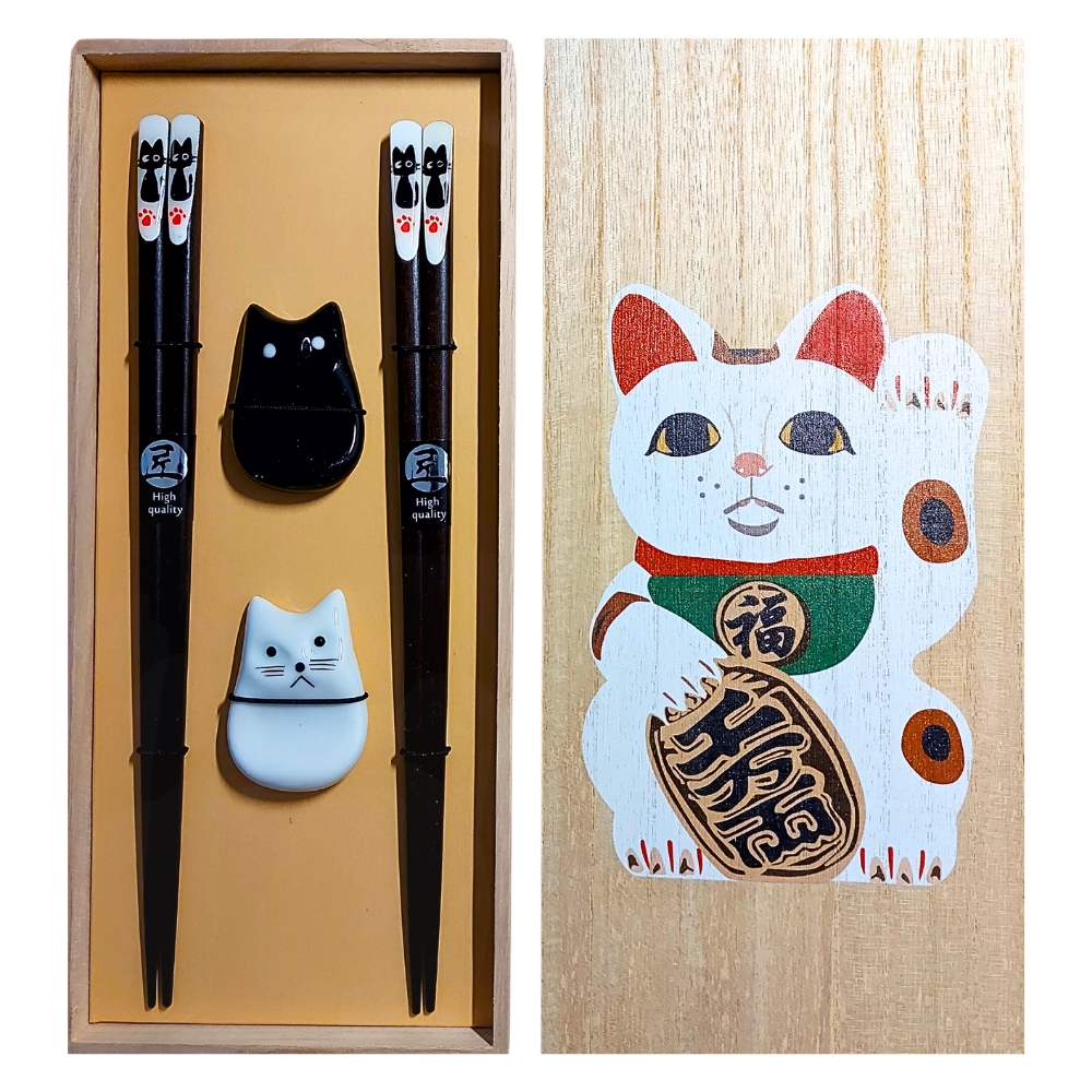 Chopsticks Set with Ceramic Cat Holder 2 pairs, JADE TEMPLE