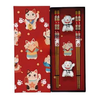 Chopsticks Set with Ceramic Maneki Neko Holder 2 pairs, JADE TEMPLE