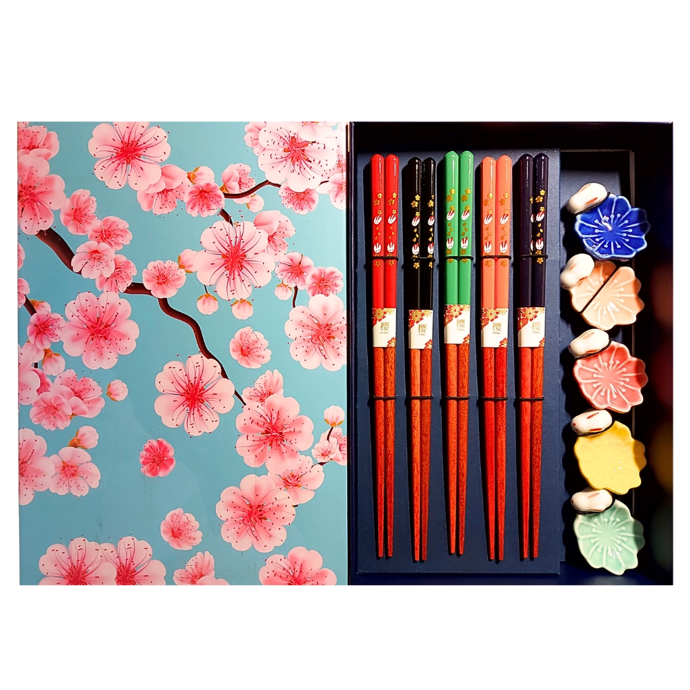 Chopsticks Set with Ceramic Cherry Blossom Holder 5 pairs, JADE TEMPLE