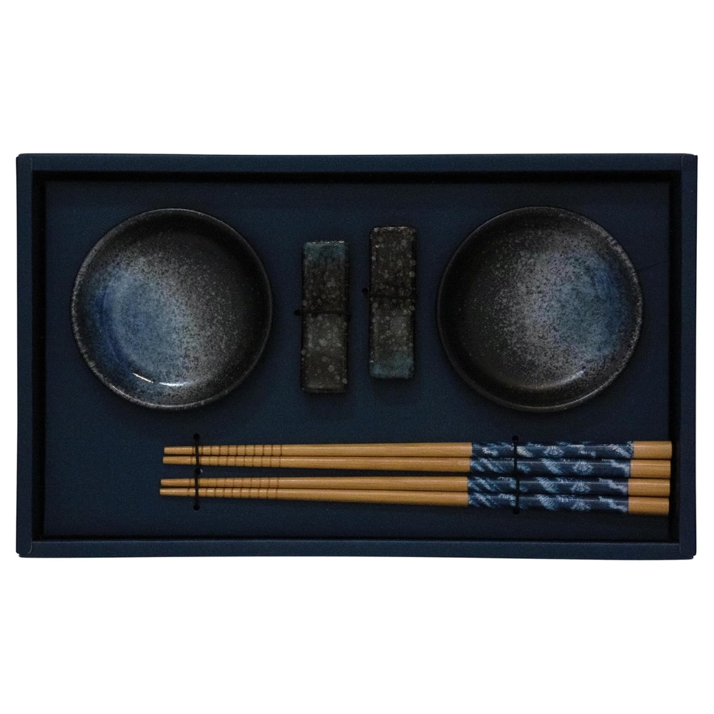 Black and Blue Ceramic Set of 2 Bowls 2 Chopsticks Pairs with Holders, JADE TEMPLE