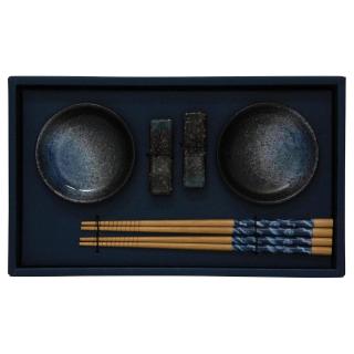 Black and Blue Ceramic Set of 2 Bowls 2 Chopsticks Pairs with Holders, JADE TEMPLE