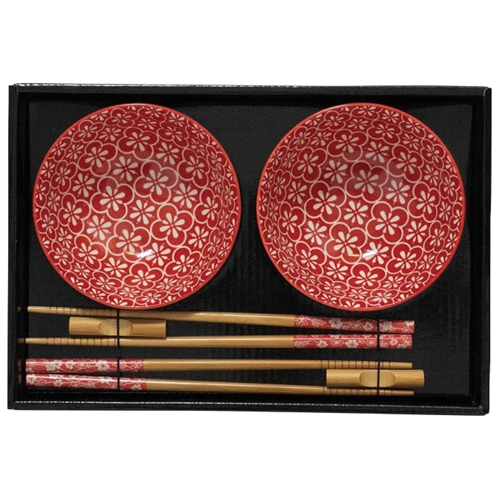 Set of 2 Red Porcelain Bowls 2 Chopsticks Pairs with Holders, JADE TEMPLE