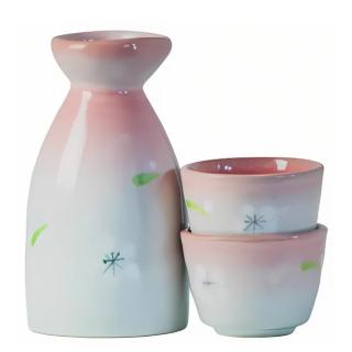 Sake Set Ceramic Pink, 1 Carafe & 2 Cups, JADE TEMPLE