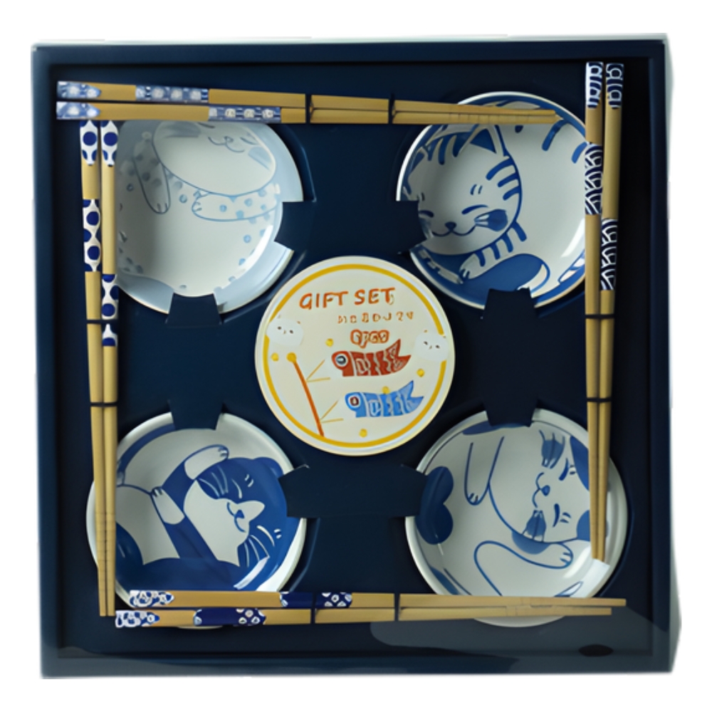 Set of 4 Cat Design Porcelain Bowls & 4 Chopsticks Pairs, JADE TEMPLE