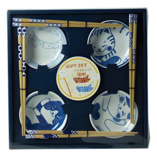 Set of 4 Cat Design Porcelain Bowls & 4 Chopsticks Pairs, JADE TEMPLE