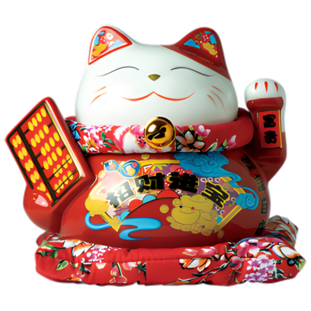 Lucky Cat Red Money Box Maneki Neko with Abacus 14 cm JADE TEMPLE