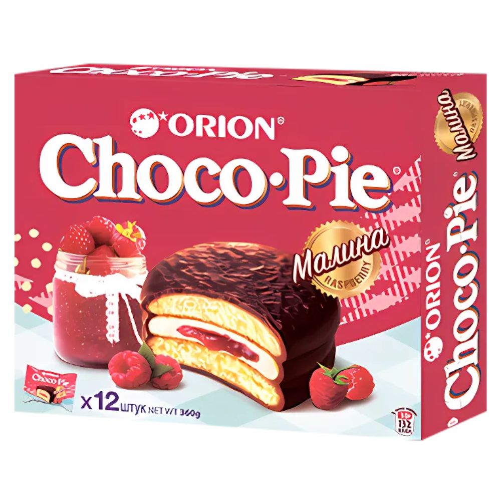 Αφράτα Κοκκάκια με επικάλυψη Γλάσο Κακάο Choco Pie με Γέμιση Σμέουρο & Κρέμα 360g (12x30g) ORION!